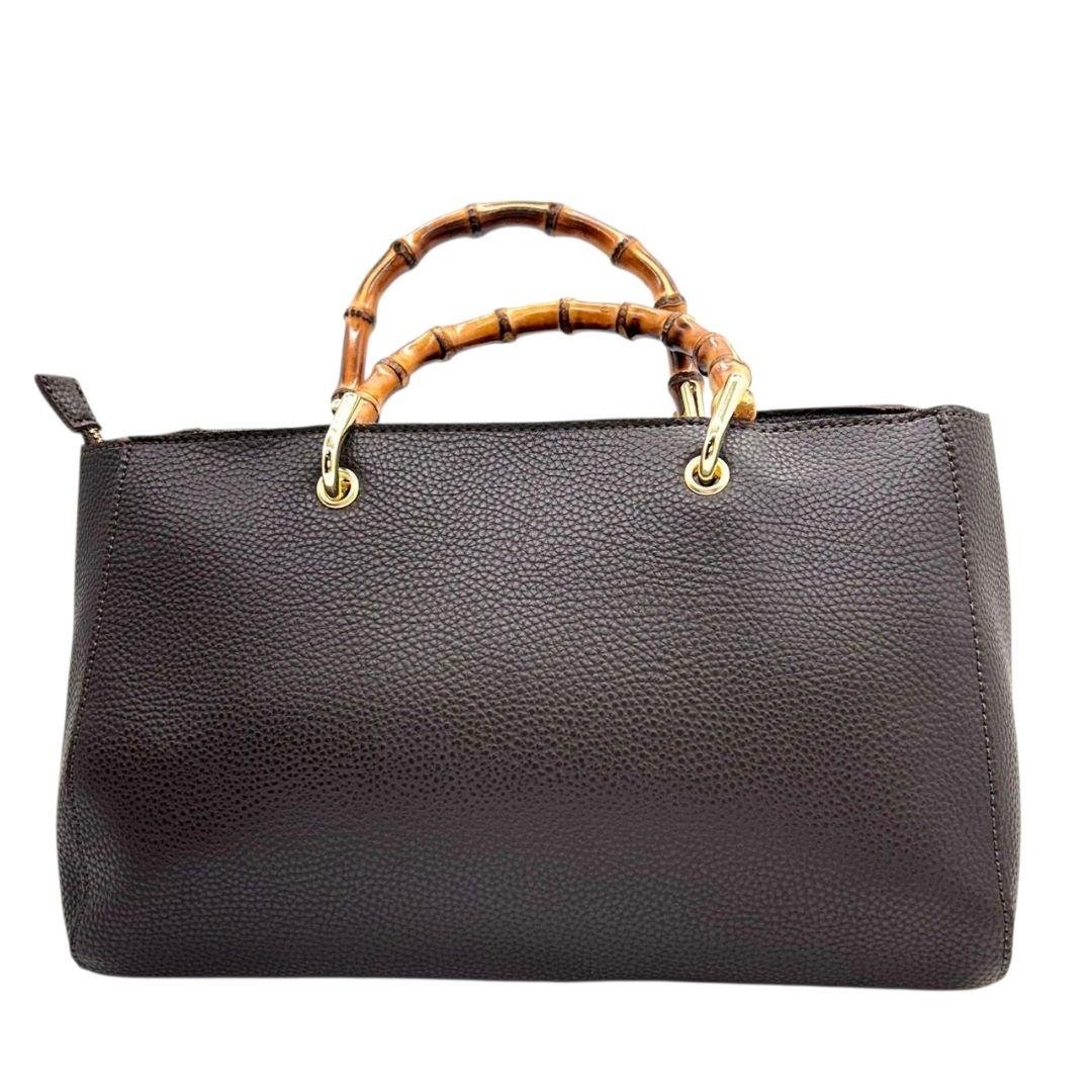 ケイティロクストン　ハンドバッグ　茶　バンブーハンドル　レザー　トートバッグ　本革　ダークブラウン　ゴールド金具　ロゴプレート　KATIE LOXTON