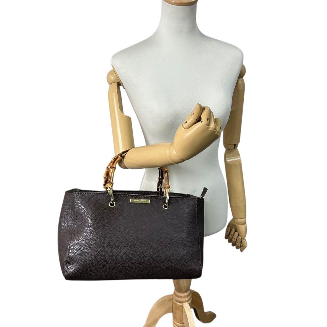 ケイティロクストン　ハンドバッグ　茶　バンブーハンドル　レザー　トートバッグ　本革　ダークブラウン　ゴールド金具　ロゴプレート　KATIE LOXTON