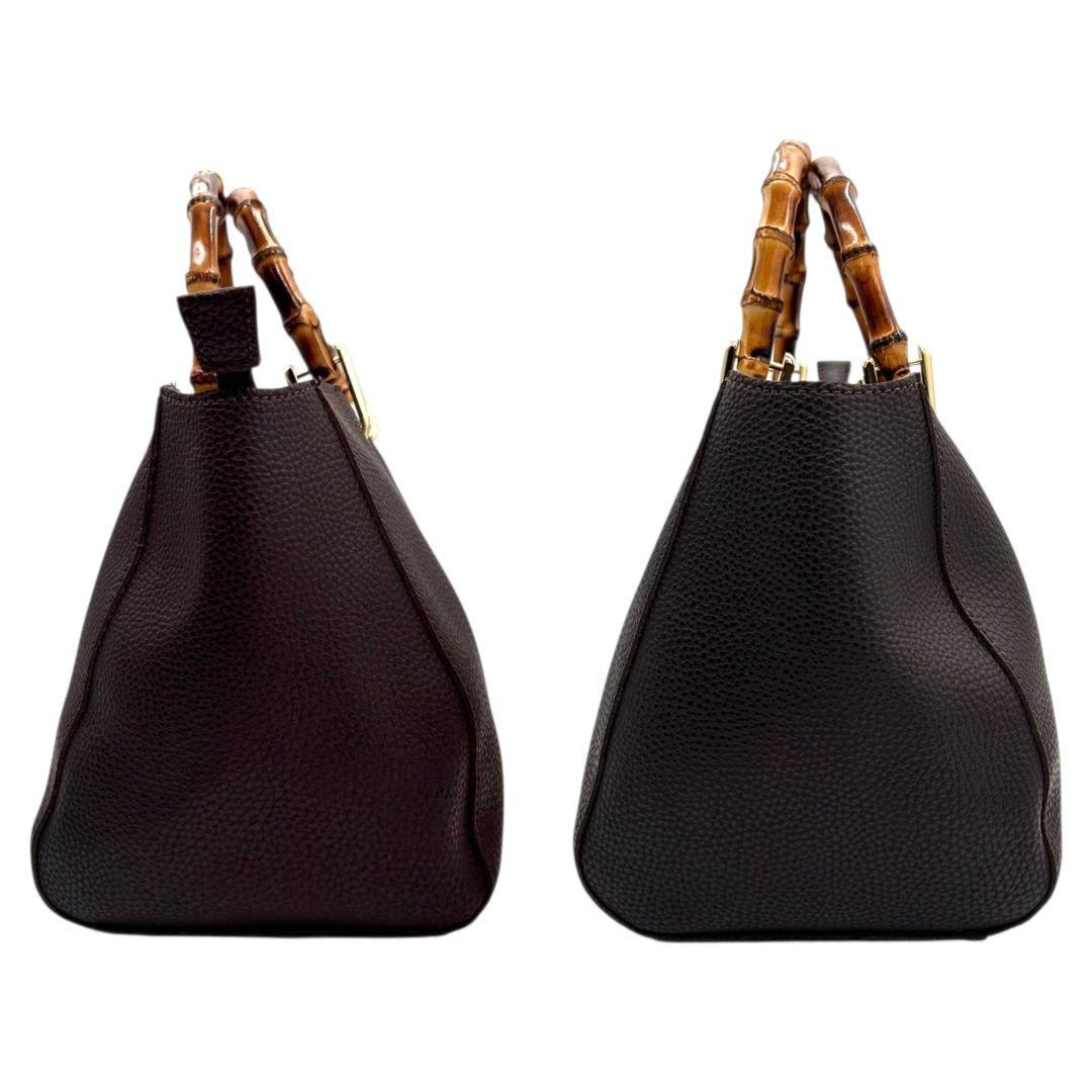 ケイティロクストン　ハンドバッグ　茶　バンブーハンドル　レザー　トートバッグ　本革　ダークブラウン　ゴールド金具　ロゴプレート　KATIE LOXTON