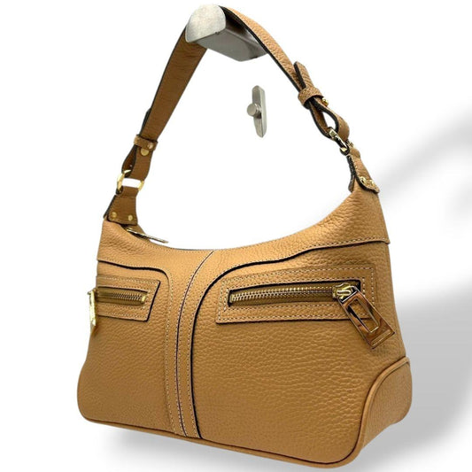 アクセソワ ハンドバッグ 茶 ワンショルダー レザー 本革 トートバッグ 自立可 肩掛け可 肩かけ可 ブラウン ゴールド金具 ADMJ s43 上品 高級感