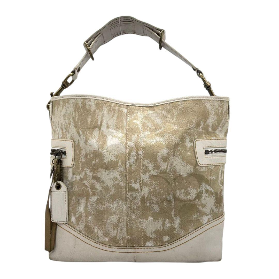 コーチ ハンドバッグ ベージュ シグネチャー ワンショルダー ホーボー s15 トートバッグ 肩掛け可 キャンバス レザー 本革 ゴールド金具 チャーム付き ロゴタグ 10010