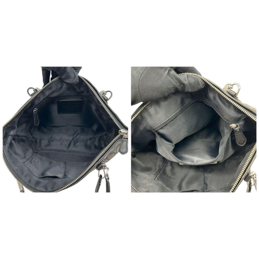 美品 コーチ ハンドバッグ 黒 ブラック シグネチャー 2way キャンバス レザー ショルダーバッグ トートバッグ 斜め掛け可 シルバー金具 ロゴタグ COACH 33737 T5