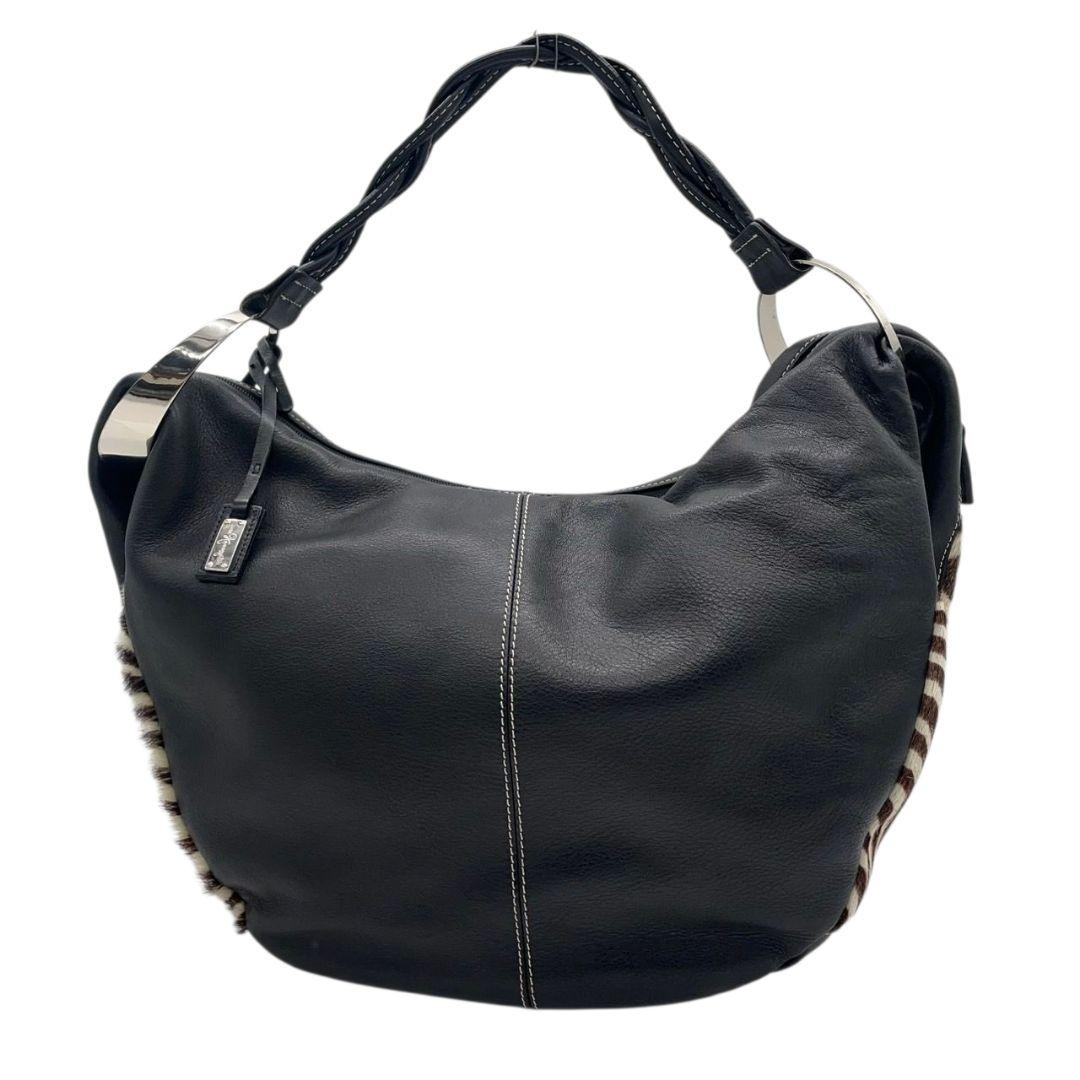 カネマツ ハンドバッグ 黒 ブラック ゼブラ柄 アニマル柄 ハラコ レザー 本革 トートバッグ ブラウン ホワイト シルバー金具 ロゴタグ ステッチ Kanematsu T5