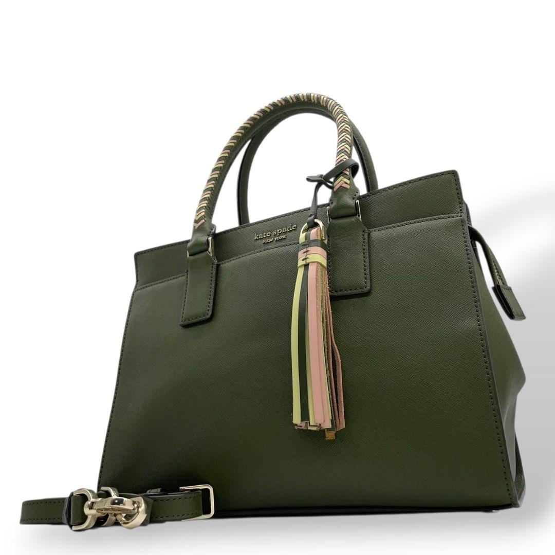 ケイトスペード ハンドバッグ 緑 タッセル 2way ショルダーバッグ レザー u12 トートバッグ 本革 グリーン イエロー ピンク 自立可 斜め掛け可 ゴールド金具 kate spade 上品 可愛い