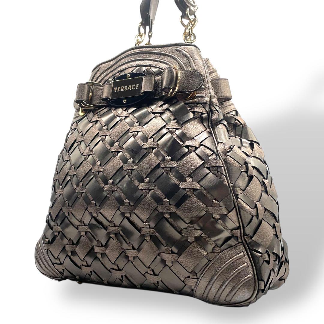 ヴェルサーチ トートバッグ グレー シルバー ブロンズ グラデーションカラー 編み込み レザー T5 肩掛け ワンショルダーバッグ ハンドバッグ ゴールド金具 ロゴ刻印 VERSACE
