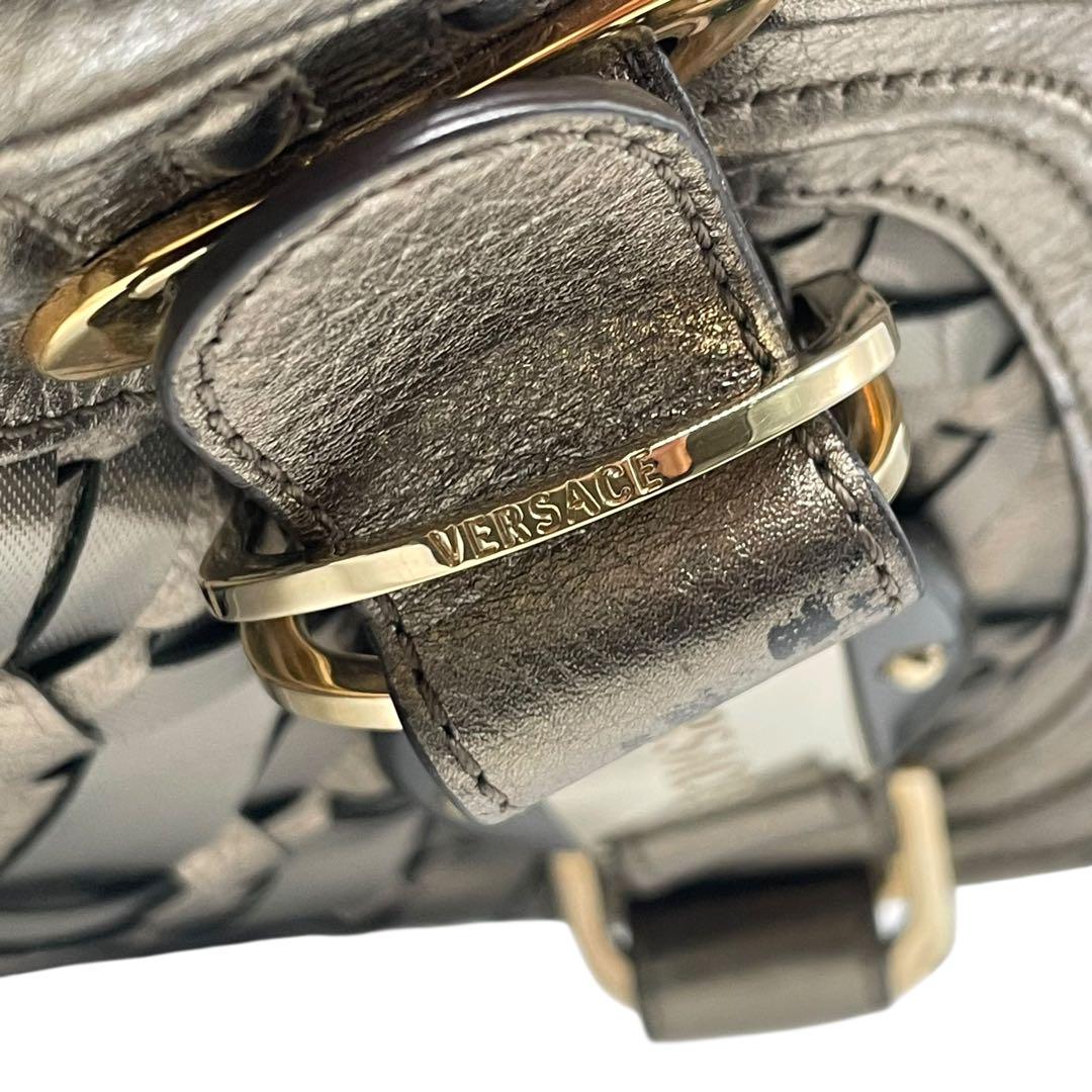 ヴェルサーチ トートバッグ グレー シルバー ブロンズ グラデーションカラー 編み込み レザー T5 肩掛け ワンショルダーバッグ ハンドバッグ ゴールド金具 ロゴ刻印 VERSACE