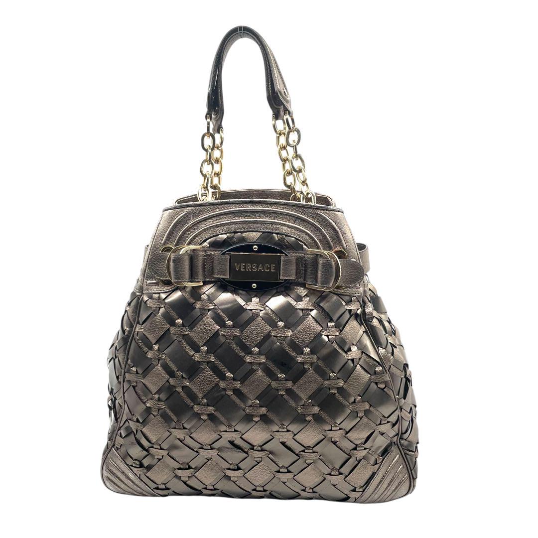 ヴェルサーチ トートバッグ グレー シルバー ブロンズ グラデーションカラー 編み込み レザー T5 肩掛け ワンショルダーバッグ ハンドバッグ ゴールド金具 ロゴ刻印 VERSACE