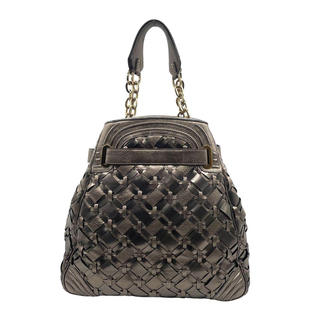 ヴェルサーチ トートバッグ グレー シルバー ブロンズ グラデーションカラー 編み込み レザー T5 肩掛け ワンショルダーバッグ ハンドバッグ ゴールド金具 ロゴ刻印 VERSACE