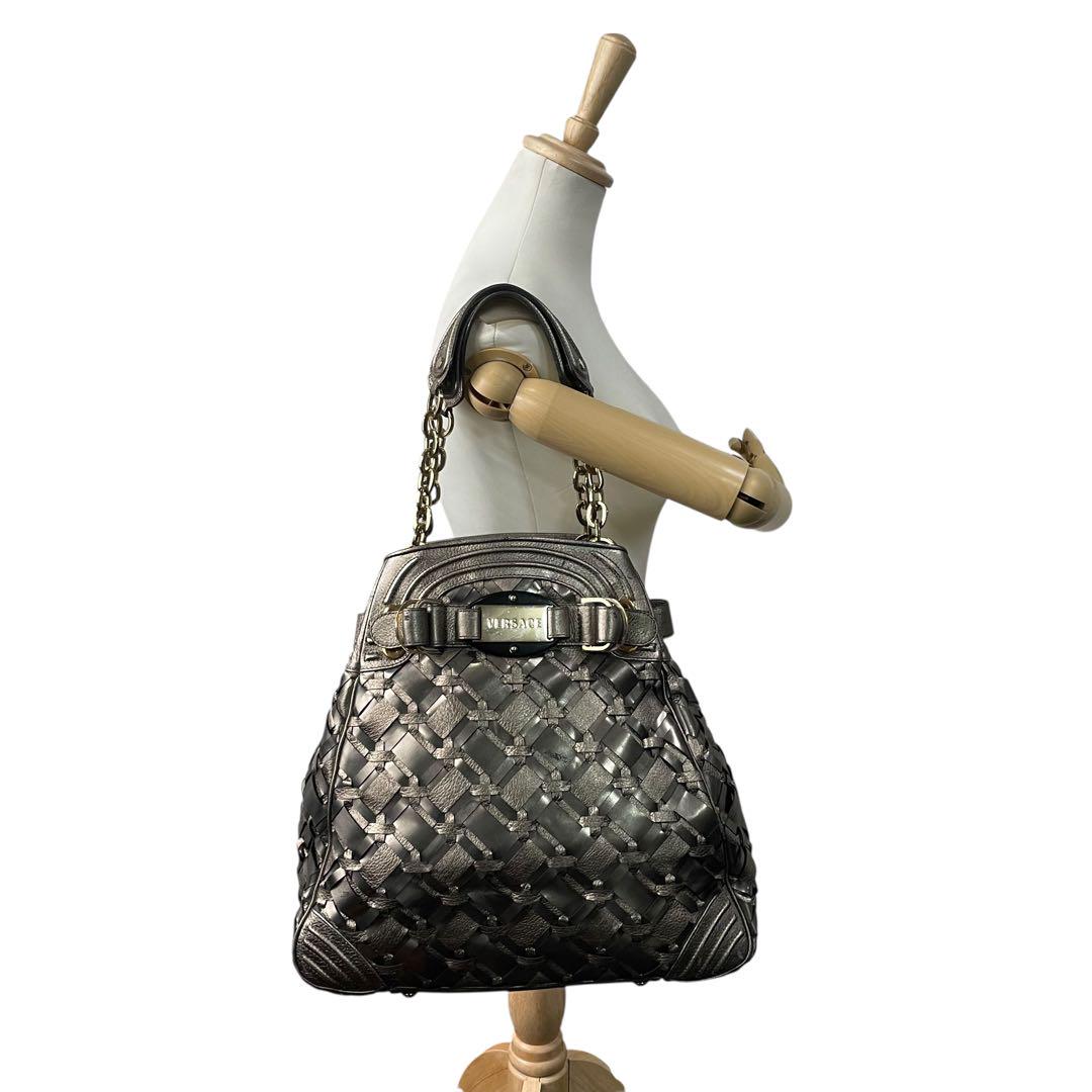ヴェルサーチ トートバッグ グレー シルバー ブロンズ グラデーションカラー 編み込み レザー T5 肩掛け ワンショルダーバッグ ハンドバッグ ゴールド金具 ロゴ刻印 VERSACE