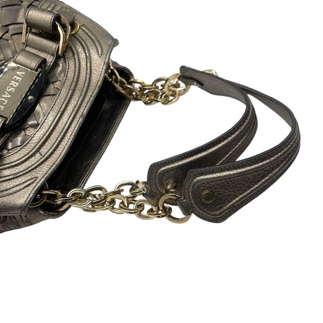 ヴェルサーチ トートバッグ グレー シルバー ブロンズ グラデーションカラー 編み込み レザー T5 肩掛け ワンショルダーバッグ ハンドバッグ ゴールド金具 ロゴ刻印 VERSACE