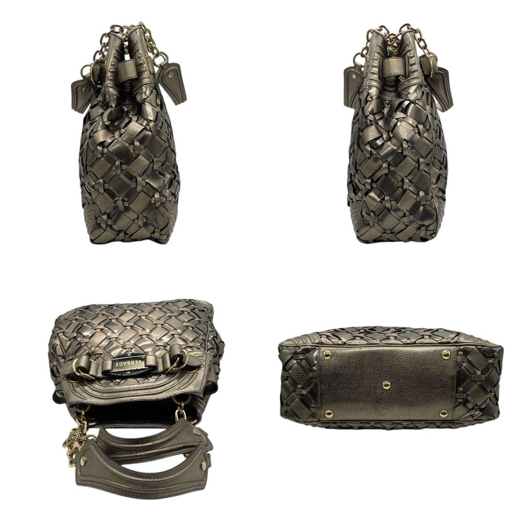 ヴェルサーチ トートバッグ グレー シルバー ブロンズ グラデーションカラー 編み込み レザー T5 肩掛け ワンショルダーバッグ ハンドバッグ ゴールド金具 ロゴ刻印 VERSACE