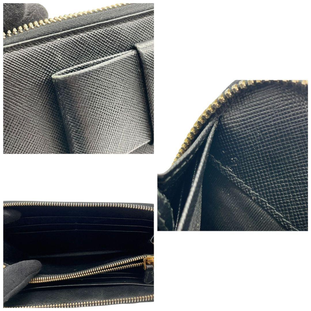 美品 プラダ 長財布 ブラック 黒 リボン サフィアーノ レザー 本革 ラウンドファスナー ラウンドジップ ゴールド金具 ロゴ PRADA W1