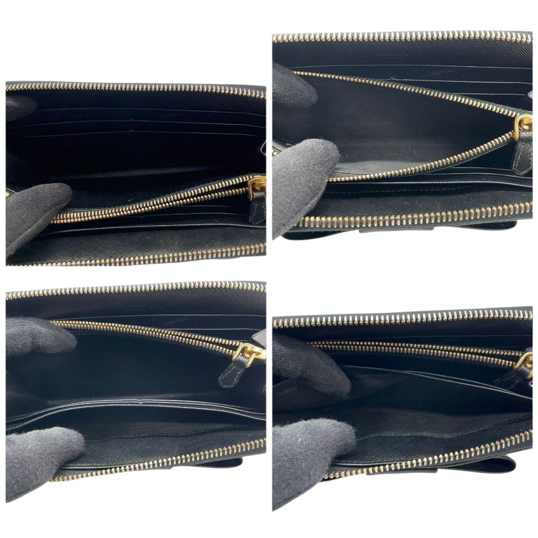 美品 プラダ 長財布 ブラック 黒 リボン サフィアーノ レザー 本革 ラウンドファスナー ラウンドジップ ゴールド金具 ロゴ PRADA W1