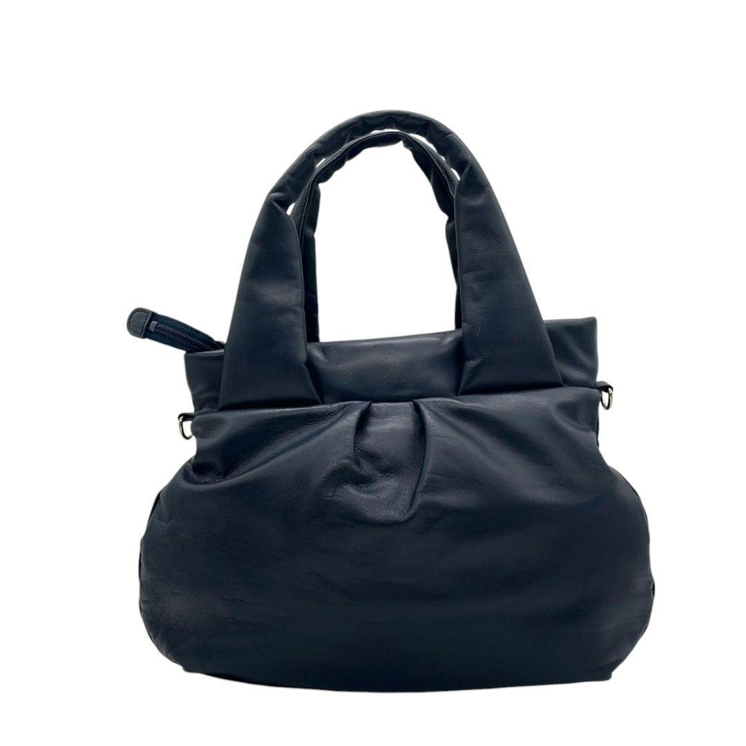 アタオ ハンドバッグ 2way 紺 エミュ レザー ギャザー A4収納 斜め掛け可 ゴールド金具 ロゴプレート 自立可 ATAO ショルダーバッグ トートバッグ