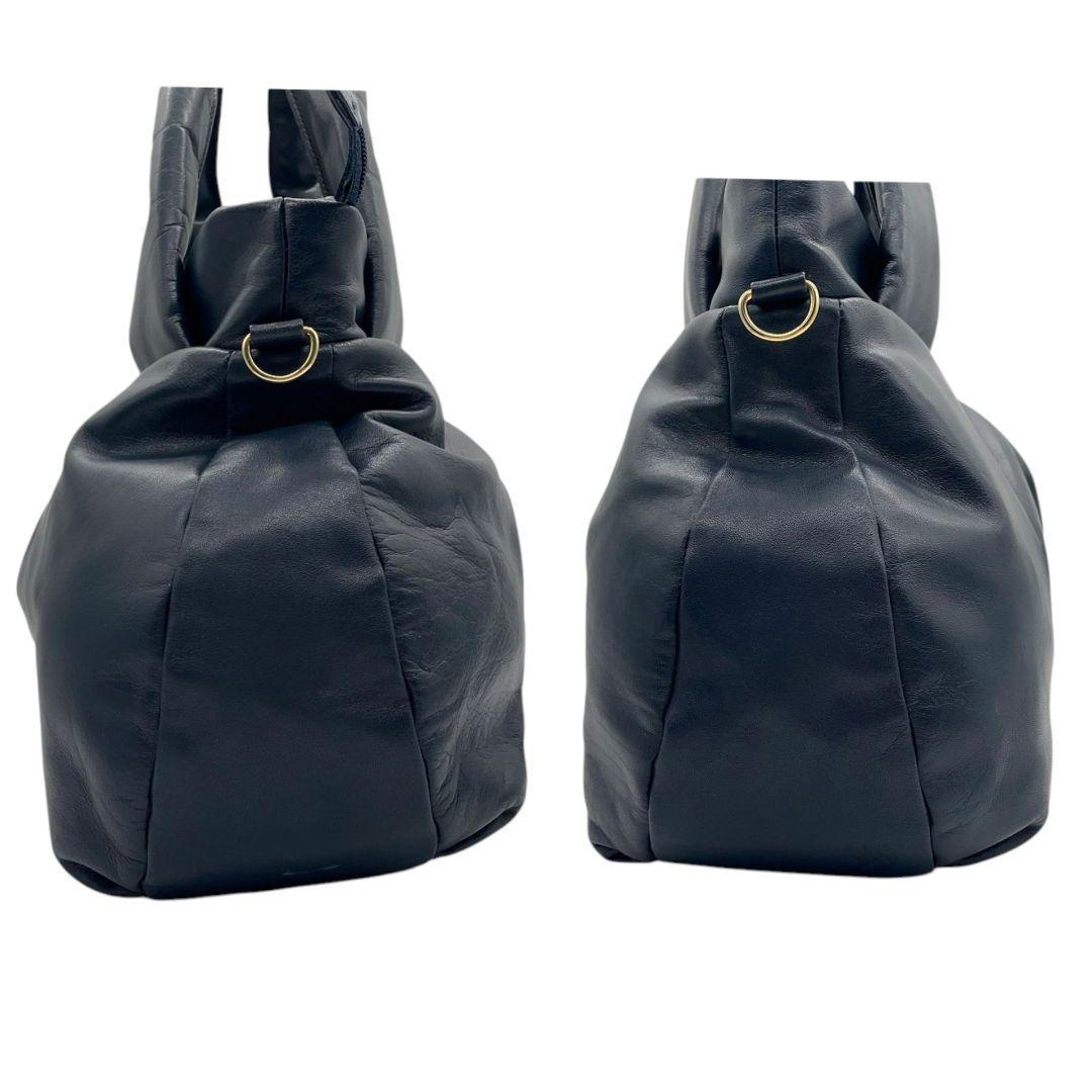 アタオ ハンドバッグ 2way 紺 エミュ レザー ギャザー A4収納 斜め掛け可 ゴールド金具 ロゴプレート 自立可 ATAO ショルダーバッグ トートバッグ